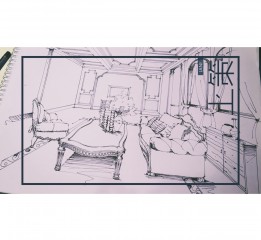 别墅室内一层客厅和主卧手绘效果图