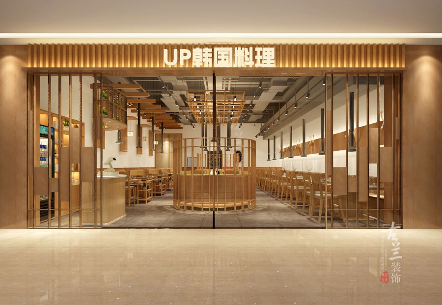 项目面积：乐山UP韩国烤肉店；
项目地址：四川省乐山市乐青路662号万达广场3楼大玩家旁；
项目说明：该项目位于乐山万达是客户眉山万达的分店，客户是韩国本地人，韩国人对餐饮的理解主要是在于提供优质的菜品和服务。对装修的要求不是很高，在控制投资成本的同时。提供一根干净，明亮，舒适的用餐环境就可以了。所以在装饰风格上建议使用了大量的木作颜色和留白处理。