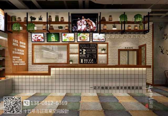 本案是主打健康生态的汤王冒菜店，所以在元素采用上都运用了最简易的材质，如小白砖，生态木，墙面基础白色等，营造干净清爽的就餐环境。