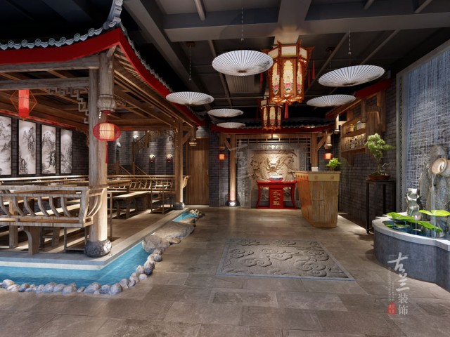 项目说明：采用传统中式风格及布局，主要材料采用原木、斧剁石、青砖片等，着力打造一个原汁原味的传统中式火锅店。