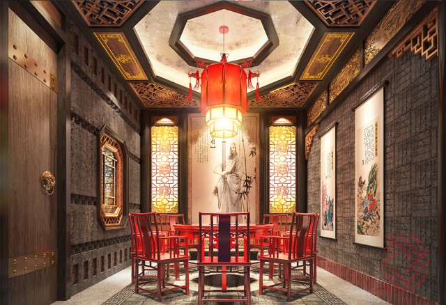 一、火锅店装修设计风格--传统中式：
传统中式风格的火锅店是最常见也是最经典的，传统中式风注重文化的融入和通过陈设家具来营造意境。传统中式火锅可以做的很简单，便于加盟复制，也可以做的豪华浓重，成本虽然高，但逼格也不是随便一家店可以比拟的。虽然慢慢的火锅店这些风格类型越来越多，但传统中式一直屹立于C位不倒，可见还是有它独到的一面。