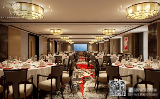 临沂精品酒店设计公司在餐厅设有不同的餐桌，有方桌，也有吧台，还有具有隐私性的卡座，不管几个人都能得到满足。酒店宴会厅可以为客人举办婚宴，用红色作为点缀，给空间带来灵气与喜悦。
