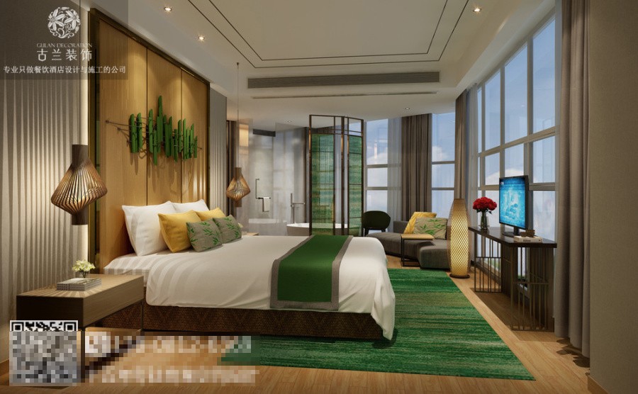 房间中的绿色与白色相互作用，给空间带来了丰富的视觉效果。绿色植物、布艺、装饰画，以及不同样式的灯具等，让空间变得自由。