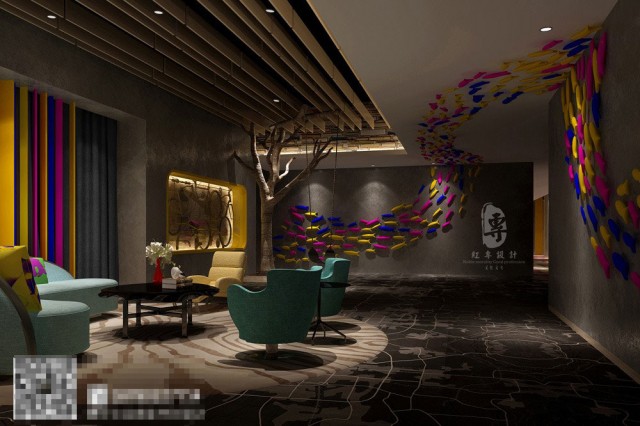 【绵阳酒店设计公司-HI设计师酒店前厅设计】休息区域的设计配上秋千，这里酒店最完美的拍照圣地，也是网红打卡圣地。