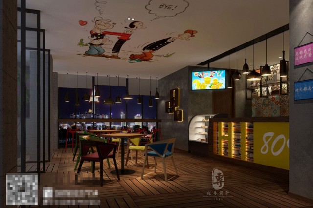 【HI设计师酒店早餐厅设计】绵阳酒店设计公司将80、90元素融入了整个酒店，早餐厅也不例外，抬头就能看见。