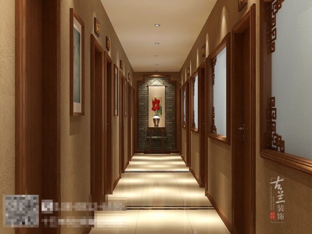 空间氛围主要以低廉而不缺茶楼文化的材质为主导，如墙纸、青砖、木纹等一些茶楼元素，软装方面主要是以藤椅，软垫、装饰画、植物等加上暖黄色灯具的烘托制造茶楼舒适、休闲的空间。
