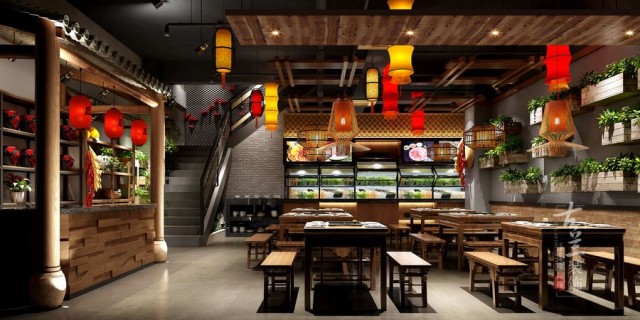 日照火锅店设计公司,山东地瓜老火锅店装修效果图