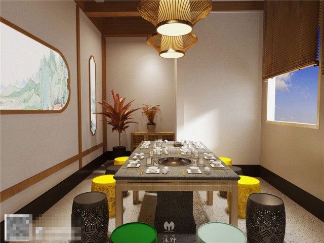 整体火锅店装修设计都是以白色和原木色为主，设计师为了调节整体的色彩搭配，因此在餐椅上花了小心思，黄色和绿色的餐椅提亮了整个空间的色度，也活跃了整个空间的氛围。