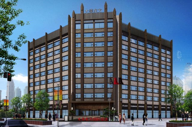 项目名称：宣汉润德精品酒店

项目地址：四川省达州市宣汉县东乡镇西华大道北侧书香茗城

设计单位：红专酒店设计

设计说明：大堂本身因建筑空间结构条件受限，呈不规则的三角形空间。在整个精品酒店设计过程中红专设计的设计团队巧妙的利用山的起伏折线以及水的自然流动形态，即规避了建筑的劣势，反而形成了本精品酒店独特的视觉识别符号(本酒店超级符号-视觉锤);大堂用古铜金属元素与石材构筑视觉张力，打造出温厚的质感和精致的细节，丰富了空间的层次，我们采用转折体块造型来诠释空间的现代感。弧线围合成创意的天花造型，层层往上清晰分明，制造出别有洞天的吸引力，近自然而享尊崇，营造双重审美情趣在此交汇。