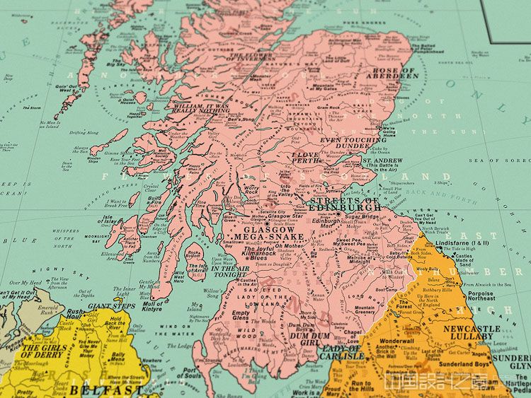 标新立异这幅英国地图使用了1400多首歌曲来标注位置