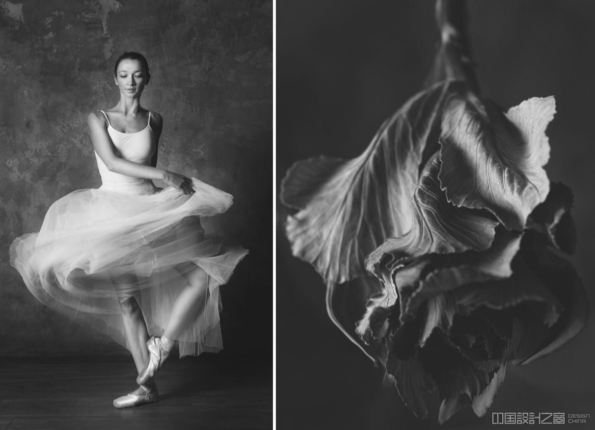 side by side photo of a ballet dancer and a flower