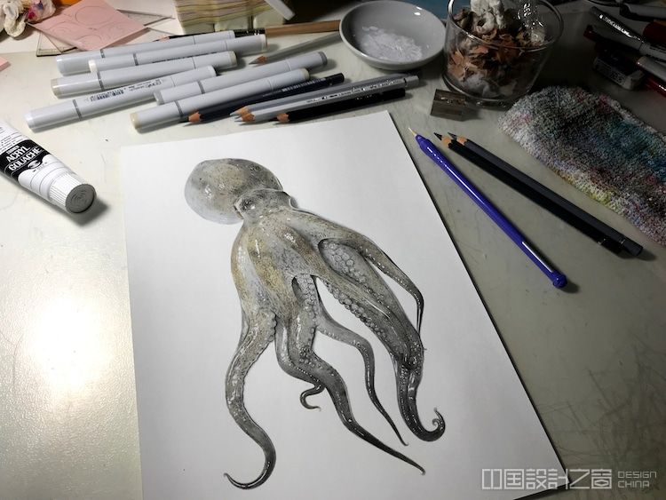 插画家分享了3d章鱼画的创作过程,教你练就湿而闪亮的