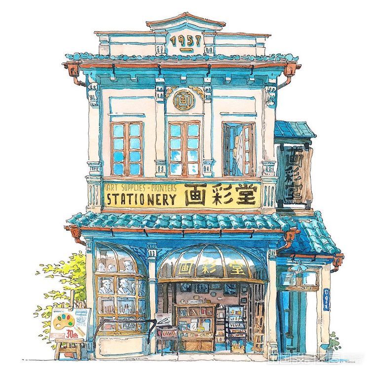 复古风格的日本店面水彩画,有一种浓浓的日式浪漫